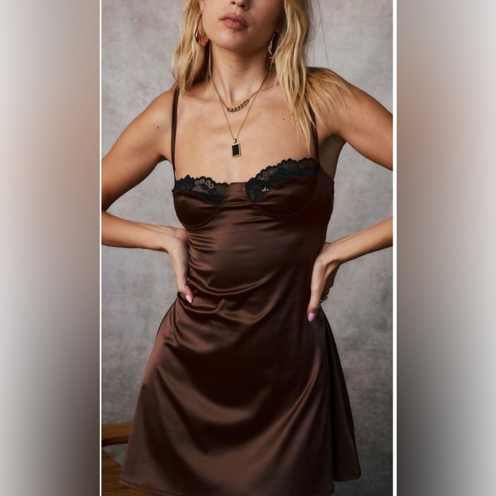 Elegant Brown Satin Slip Dress with Lace Trim